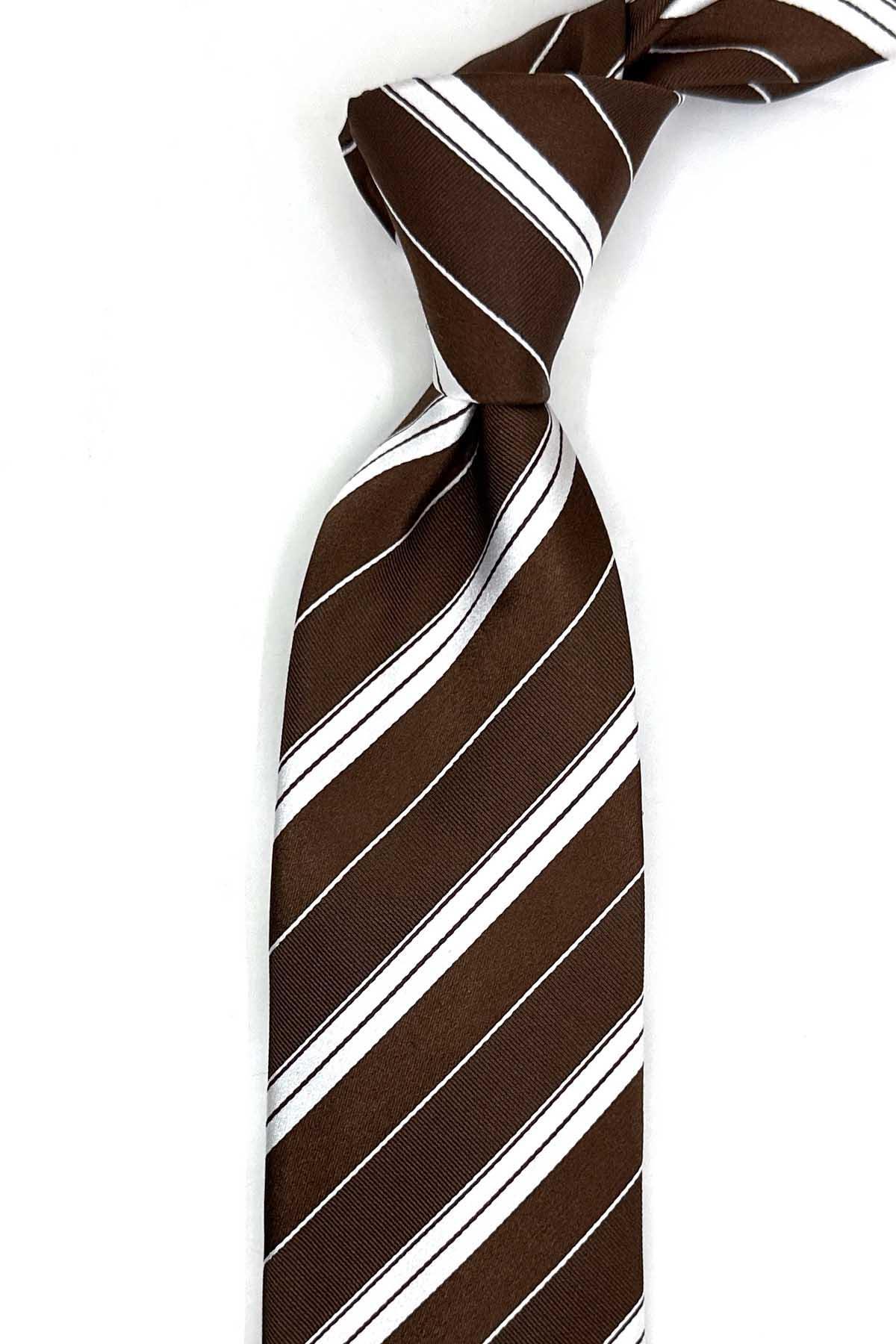  کراوات ابریشمی ایتالیایی راه راه قهوه ای مدل Bruere مدل IK2256