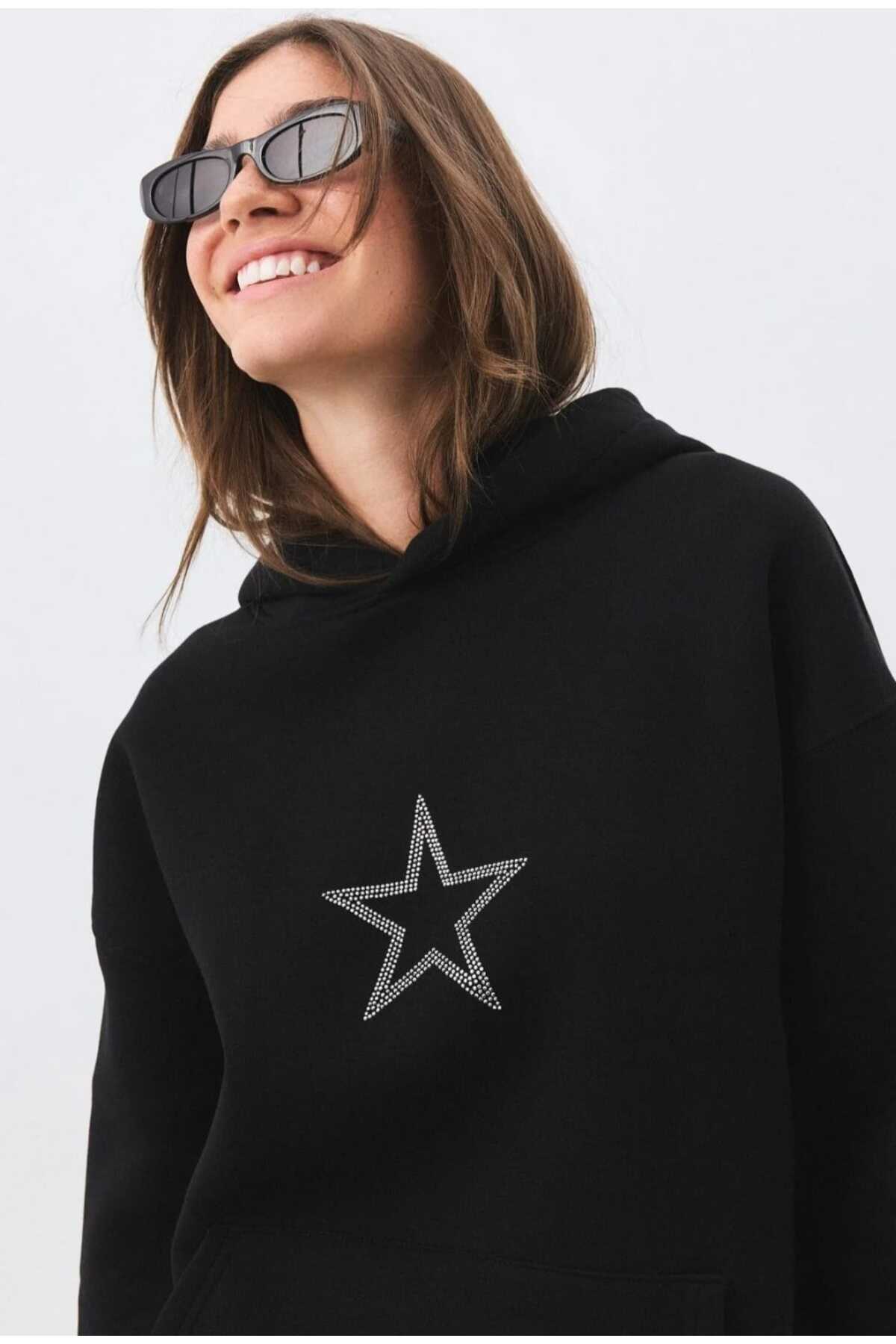ZEMLİYA Unisex Star Stroke Taş Baskılı Sweatshirt Siyah hoodie oversize battal Geniş Kesim Kapüşonlu
