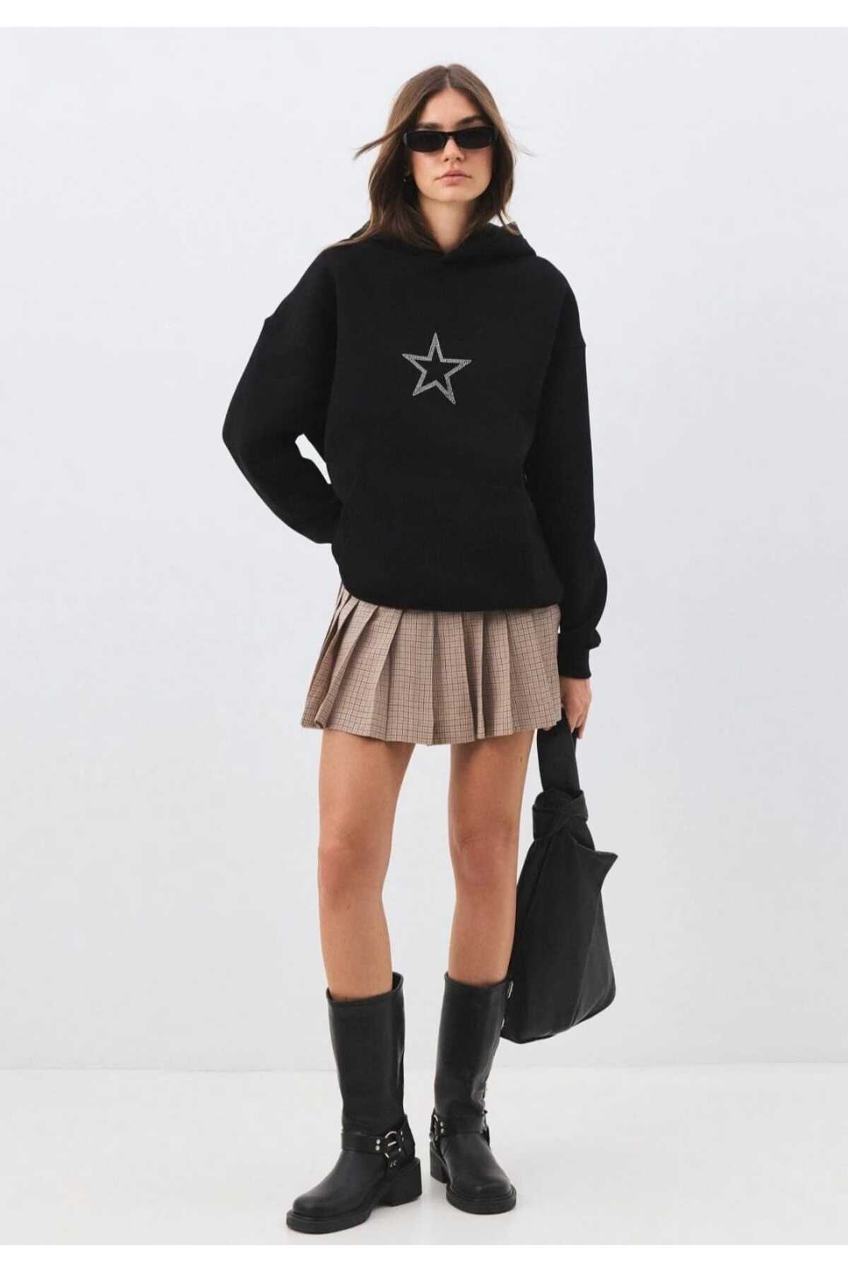 ZEMLİYA Unisex Star Stroke Taş Baskılı Sweatshirt Siyah hoodie oversize battal Geniş Kesim Kapüşonlu görsel 6