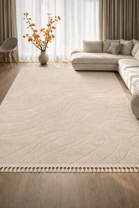 ZERAFET Alaçatı Püsküllü Kaymaz Taban Halı Bej