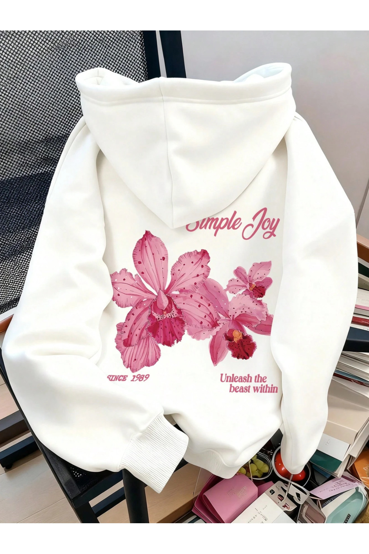 Marco Fresco  Unisex Simple Joy Çiçek Baskılı Oversize Kapüşonlu Sweatshirt