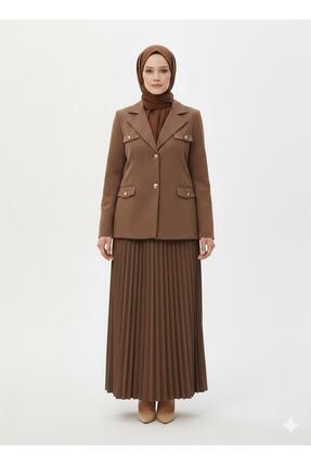 ELİFİMTESETTÜR Kadın Kahverengi Kemerli Blazer Ceket ve Piliseli Takım