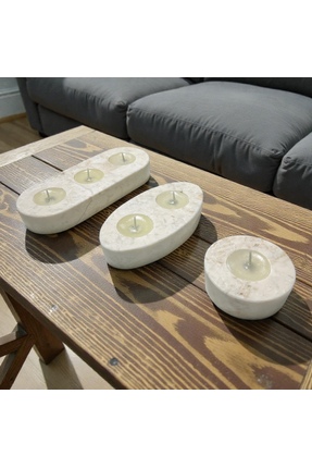 Şahin Marble Doğal Mermer Bej Mumluk Seti 3’lü