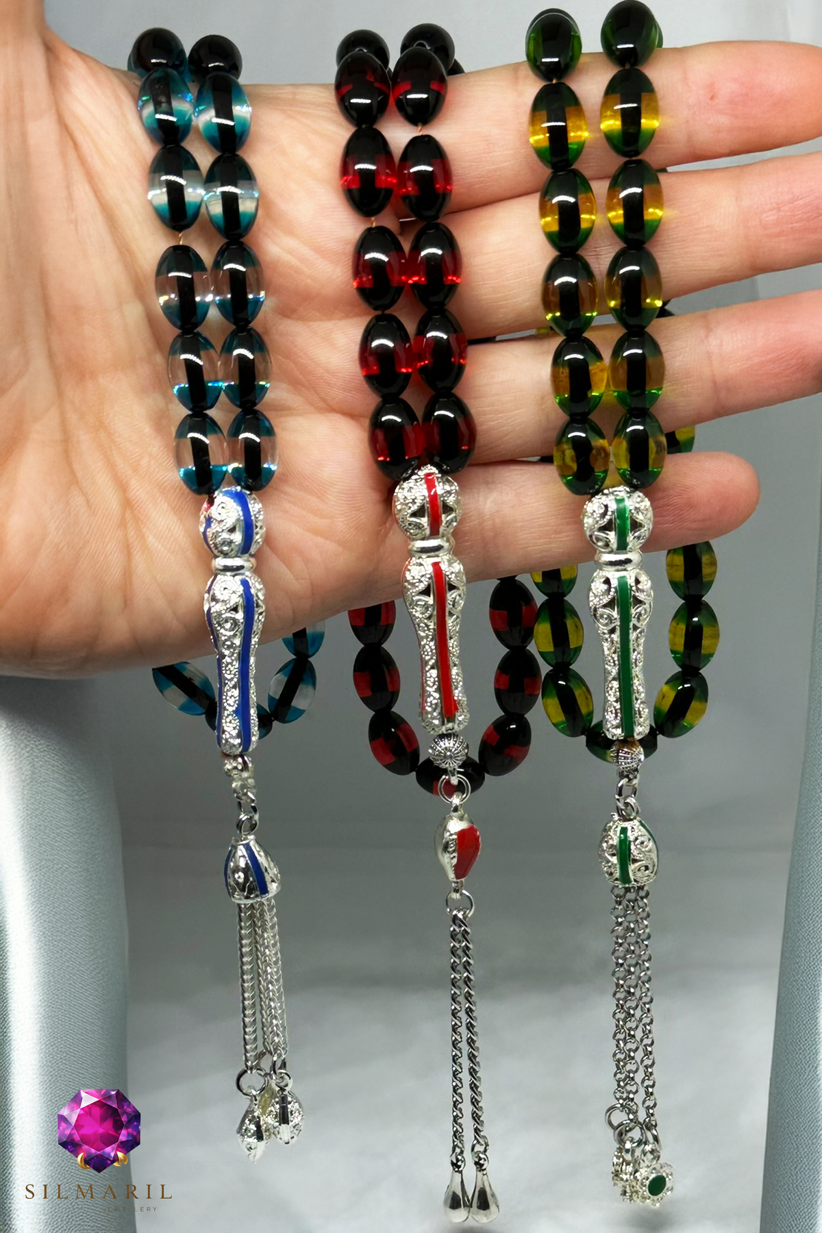 Özel Firuze Püsküllü Sürmeli Kehribar Tesbih – Parlak Hareli – Özel İşlemeli İmame - Erkek Hediyelik