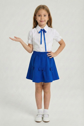 nacar çarşı Kız Çocuk Saks Fiyonklu Dantel İşlemeli Gömlek Saks Kurdeleli Ete...