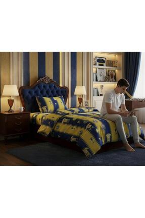 Renkli Düşler Atölyesi Sarı - Lacivert Forma Desenli %100 Pamuklu Tek Kişilik...