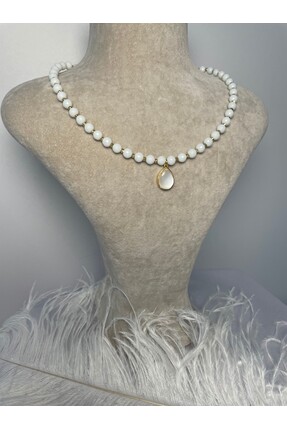 Aurevyn Design Doğal Taş Kolye, Beyaz Doğal Oniks Taşı Damla Detaylı Kolye