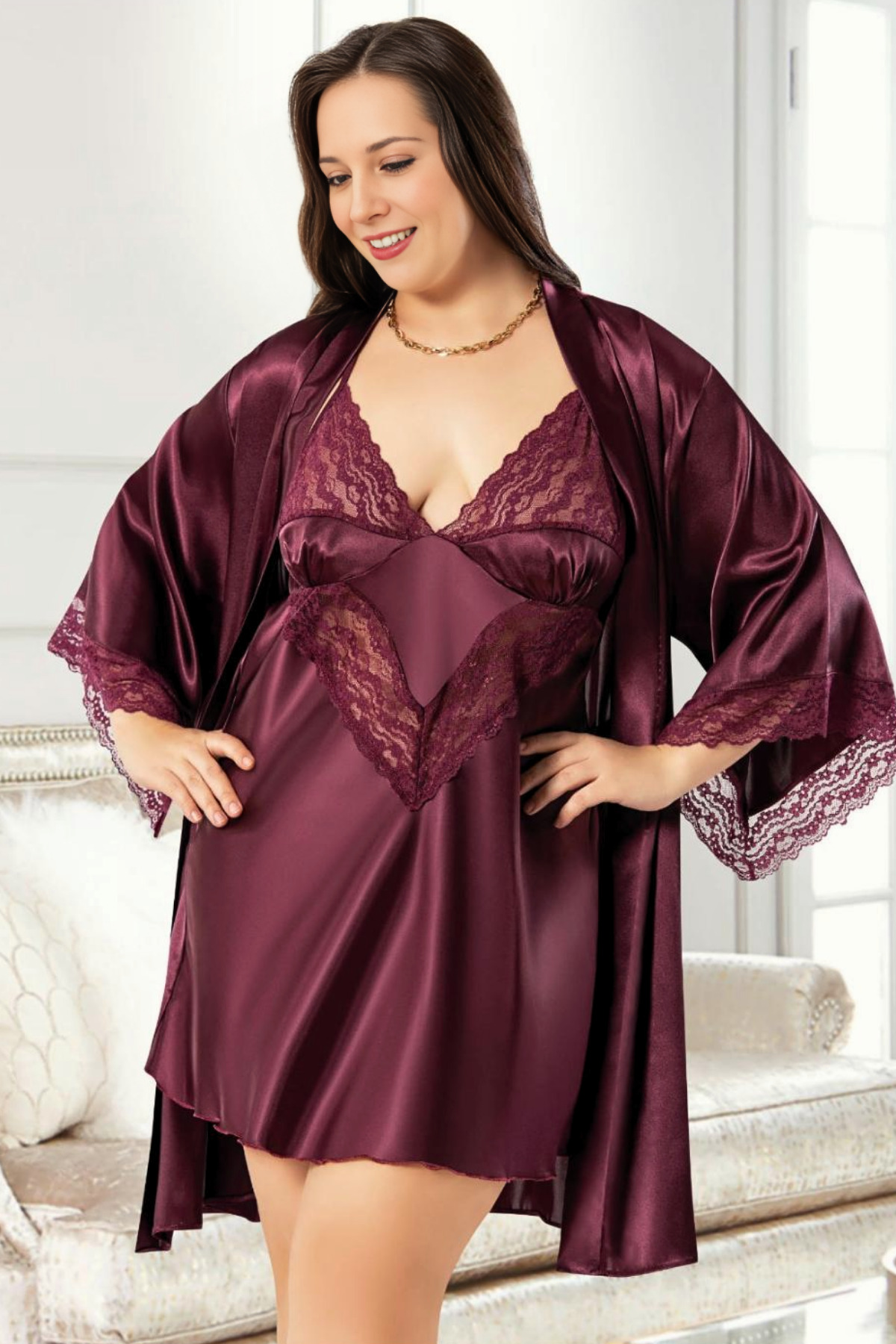 Homay 2'li Büyük Beden Güpür Detaylı Saten Gecelik ve Sabahlık Takımı