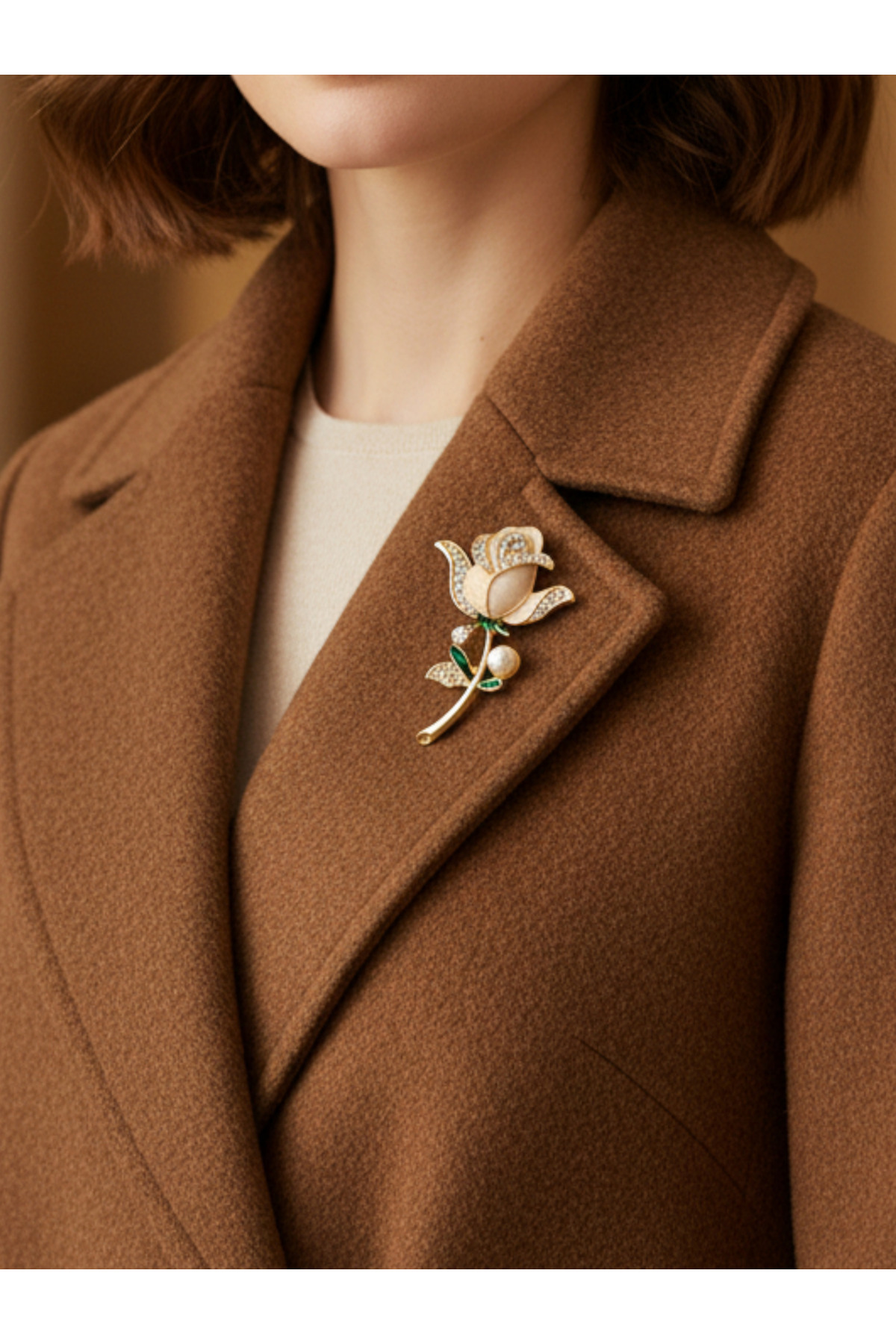 Pearl and Stone Detailed Handcrafted Cream Rose Brooch