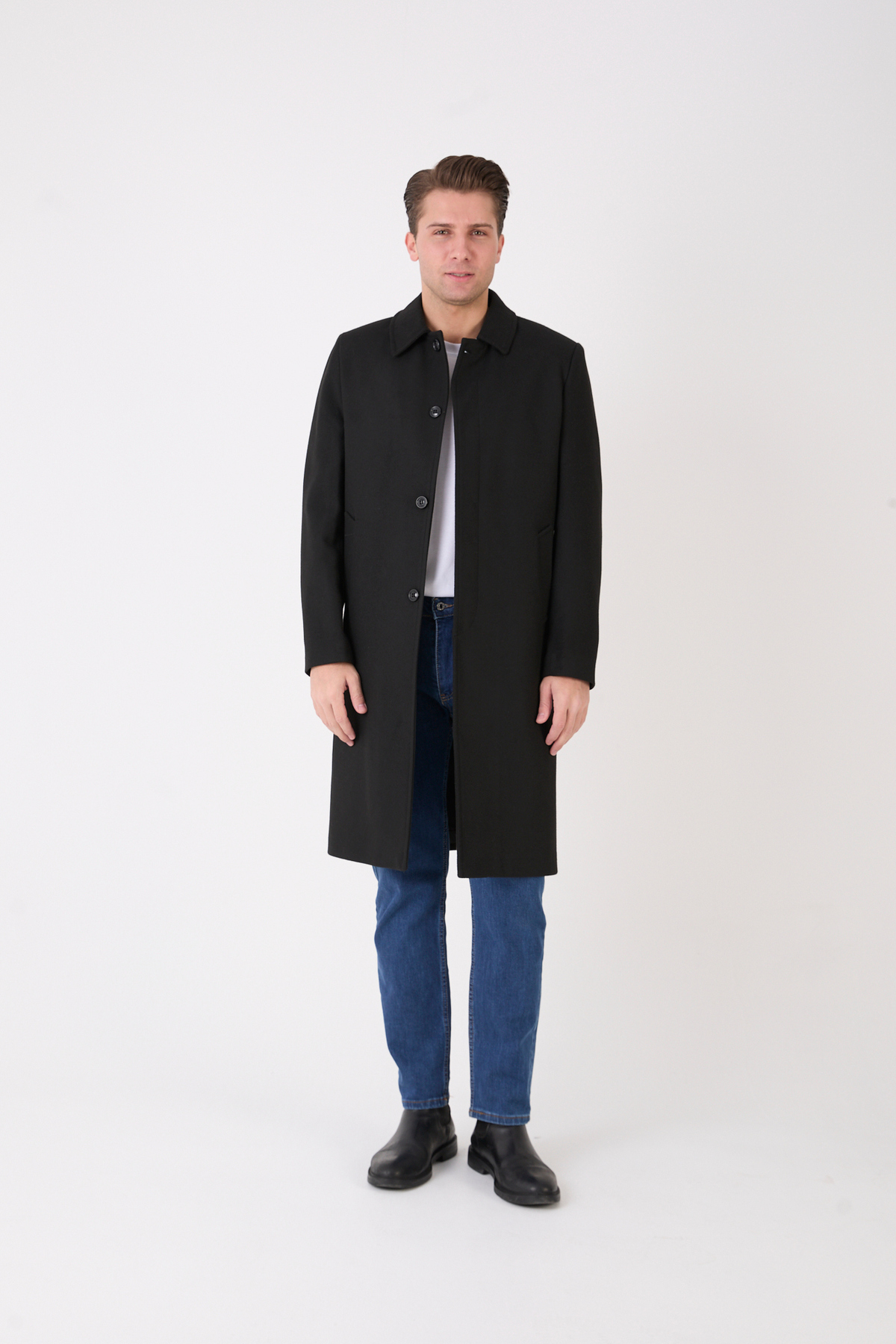 RUVEN TEKSTİL  Erkek Siyah Uzun Regular Fit Kaşe Kaban