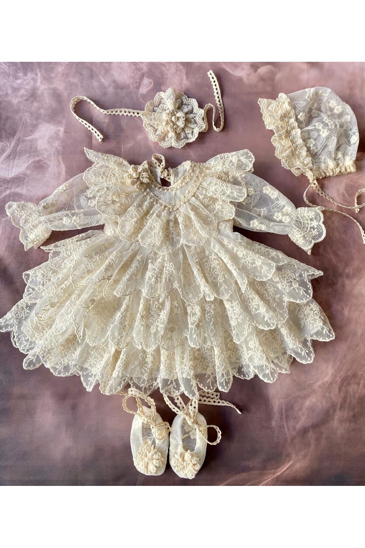 Asrın Tasarım Atölyesi Cream Lace Religious Ceremony Dress Set - Baby Girl Special Occasion Set