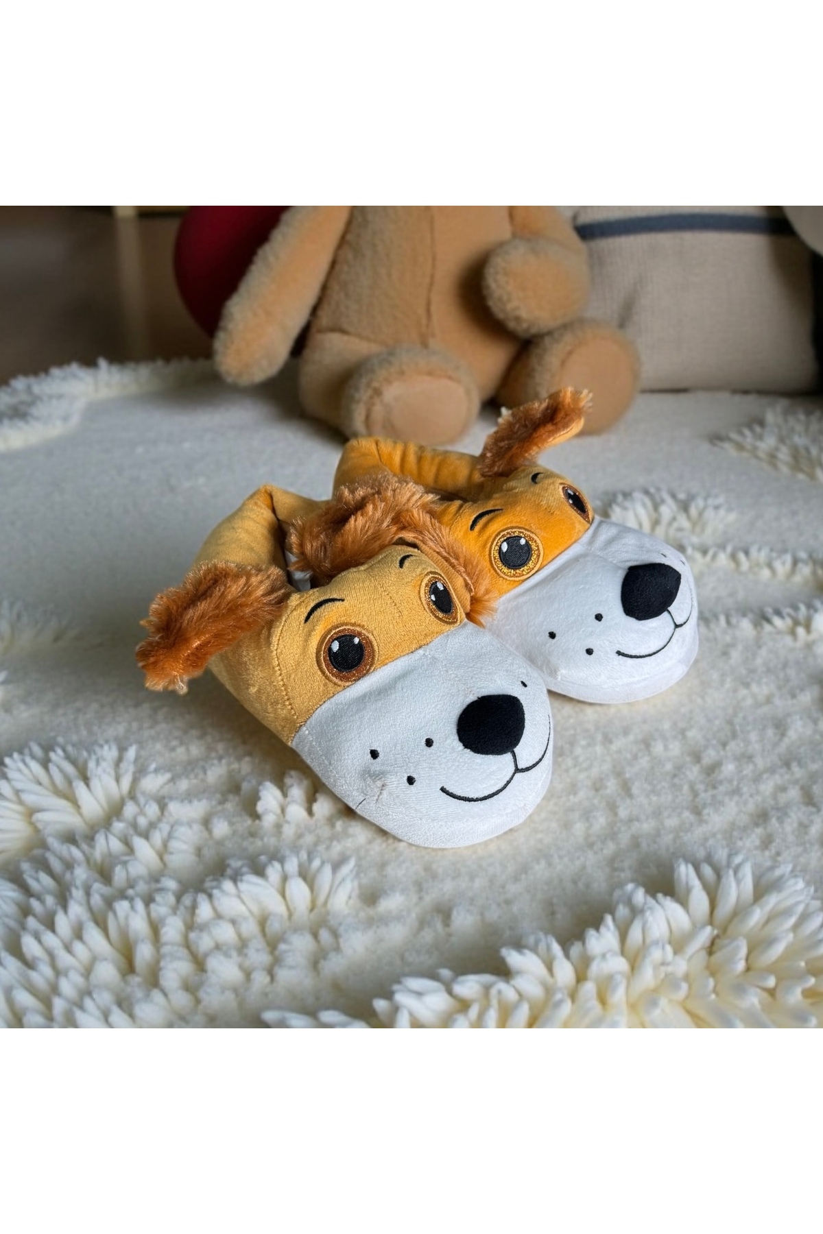 AkınalBella akına bella unisex köpek figürlü taba peluş puf kaliteli panduf