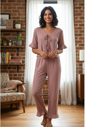 YusGos Kadın Volanlı Kol ve Paça Detaylı Önü Bağcıklı Bambu Keten Pijama Takımı