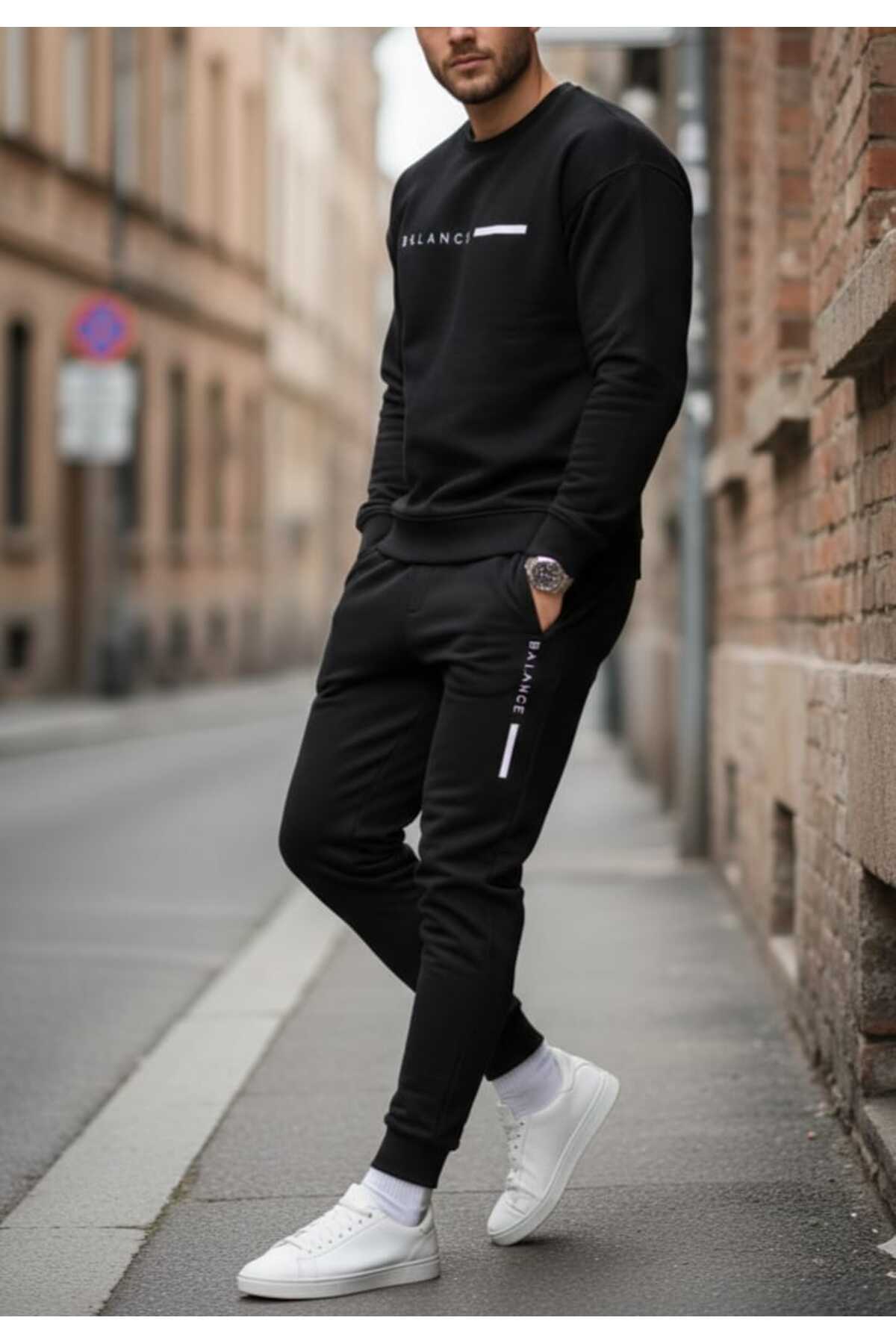 ERKEK Eşofman Takım Balance Yazılı Oversize Siyah — مشکی TRKR7 — تصویر 3 از 5