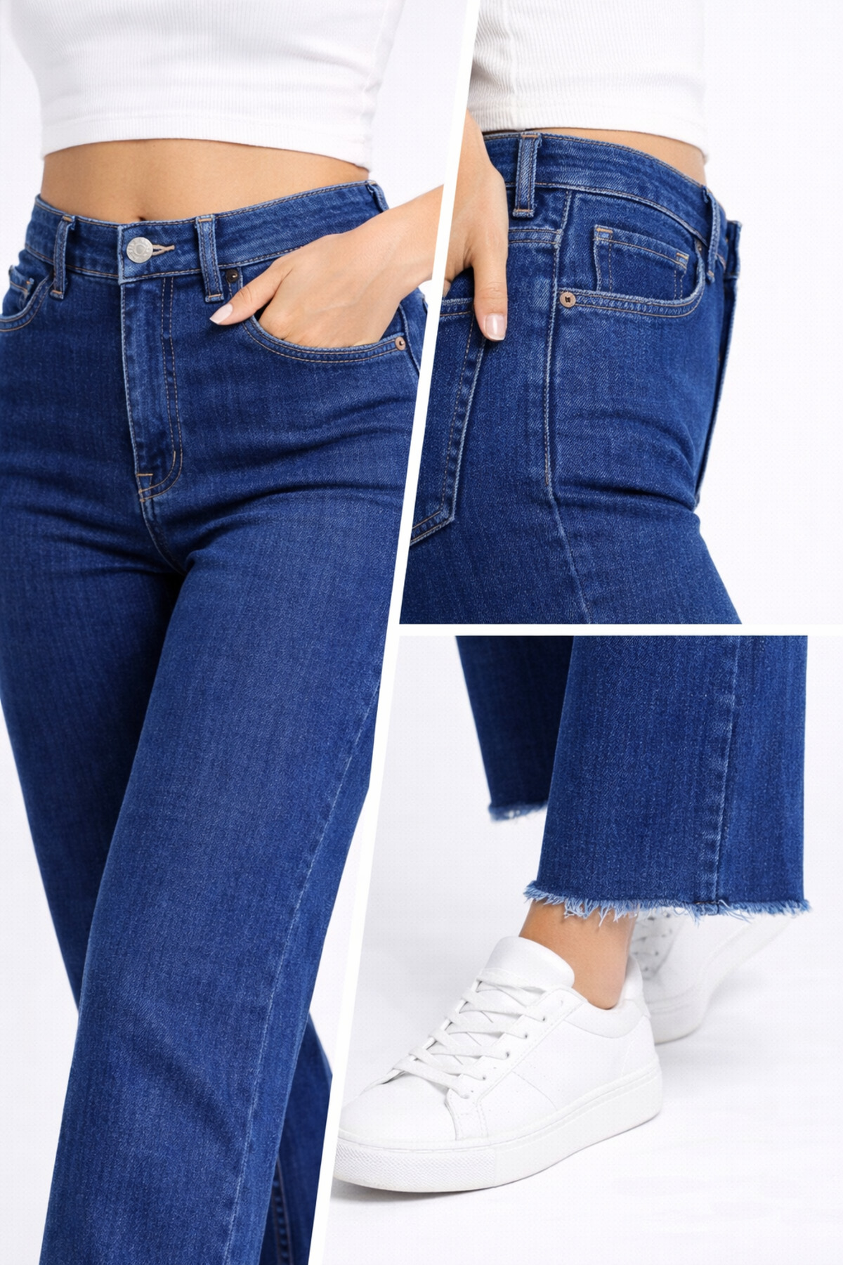 Lighter Jeans  Kadın Orta Mavi Likralı Geniş Paça Jean Pantolon – Salaş Kesim, Bilek Boy, Kesik Paça Günlük Denim - Görsel 6