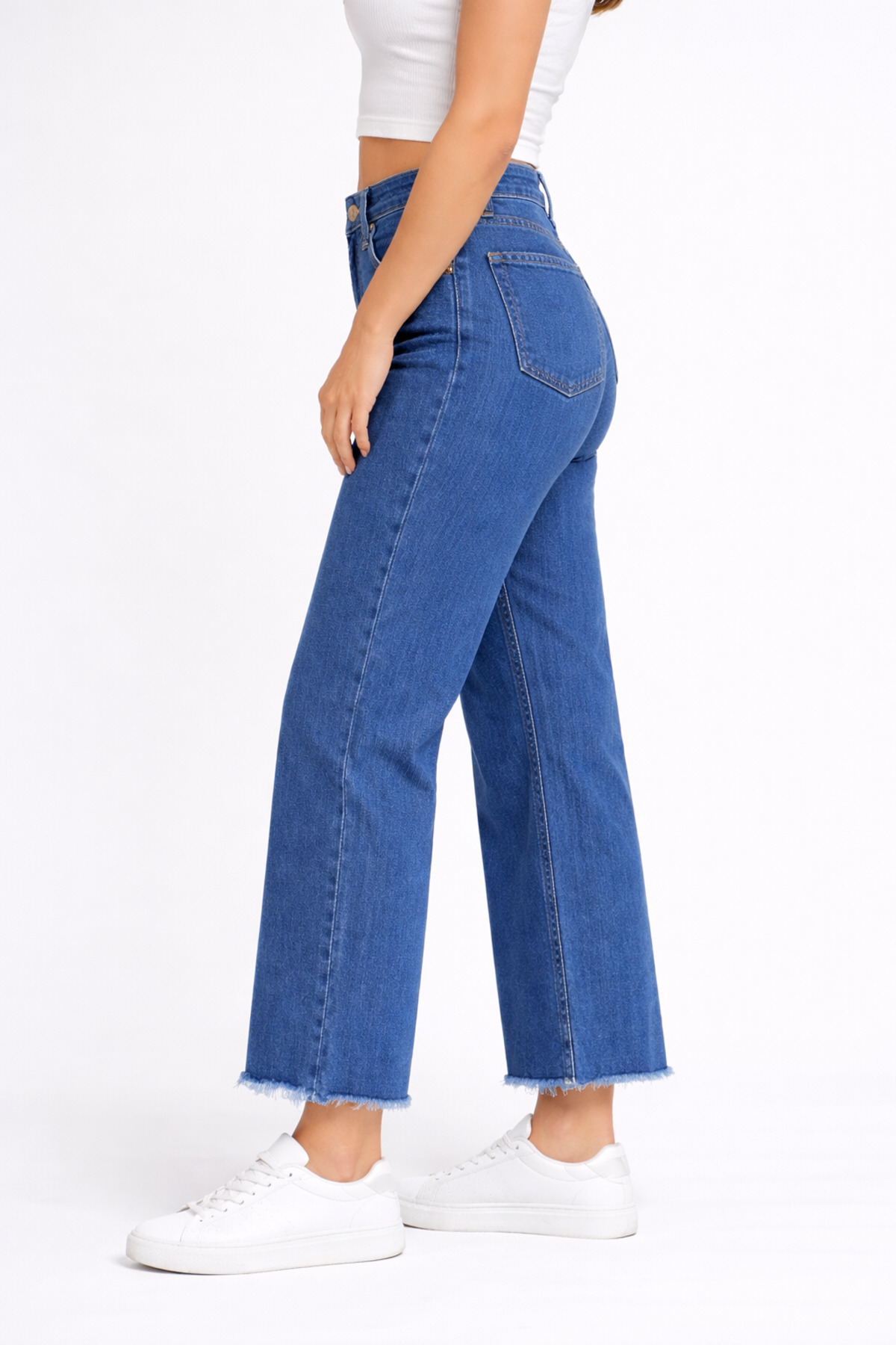 Lighter Jeans  Kadın Orta Mavi Likralı Geniş Paça Jean Pantolon – Salaş Kesim, Bilek Boy, Kesik Paça Günlük Denim - Görsel 2