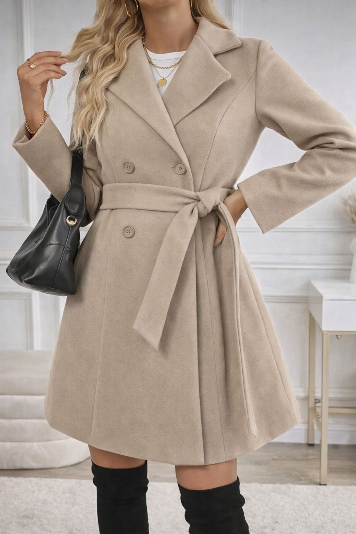 MUZOTEX  Uzun Kollu Kemerli Cepli Kruvaze Kaşe Kaban - Görsel 2