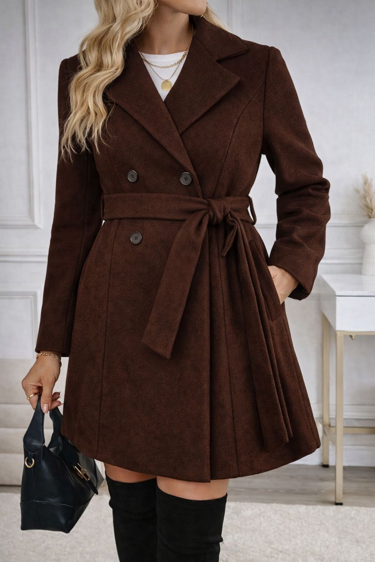 MUZOTEX  Uzun Kollu Kemerli Cepli Kruvaze Kaşe Kaban - Görsel 2