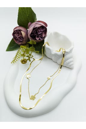 ikiztakı Altın Renk Yonca Figürlü Çift Zincir Çelik Kolye