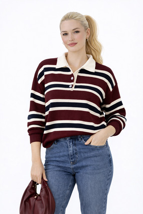 Kırlangıç Moda Bordo Çizgili Pola Yaka Dügmeli Kadın Triko Kazak