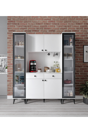 Afilli Demre Camlı 6 Kapaklı 2 Çekmeceli Kahve Köşeşi Beyaz Tamamı MDF 180 cm