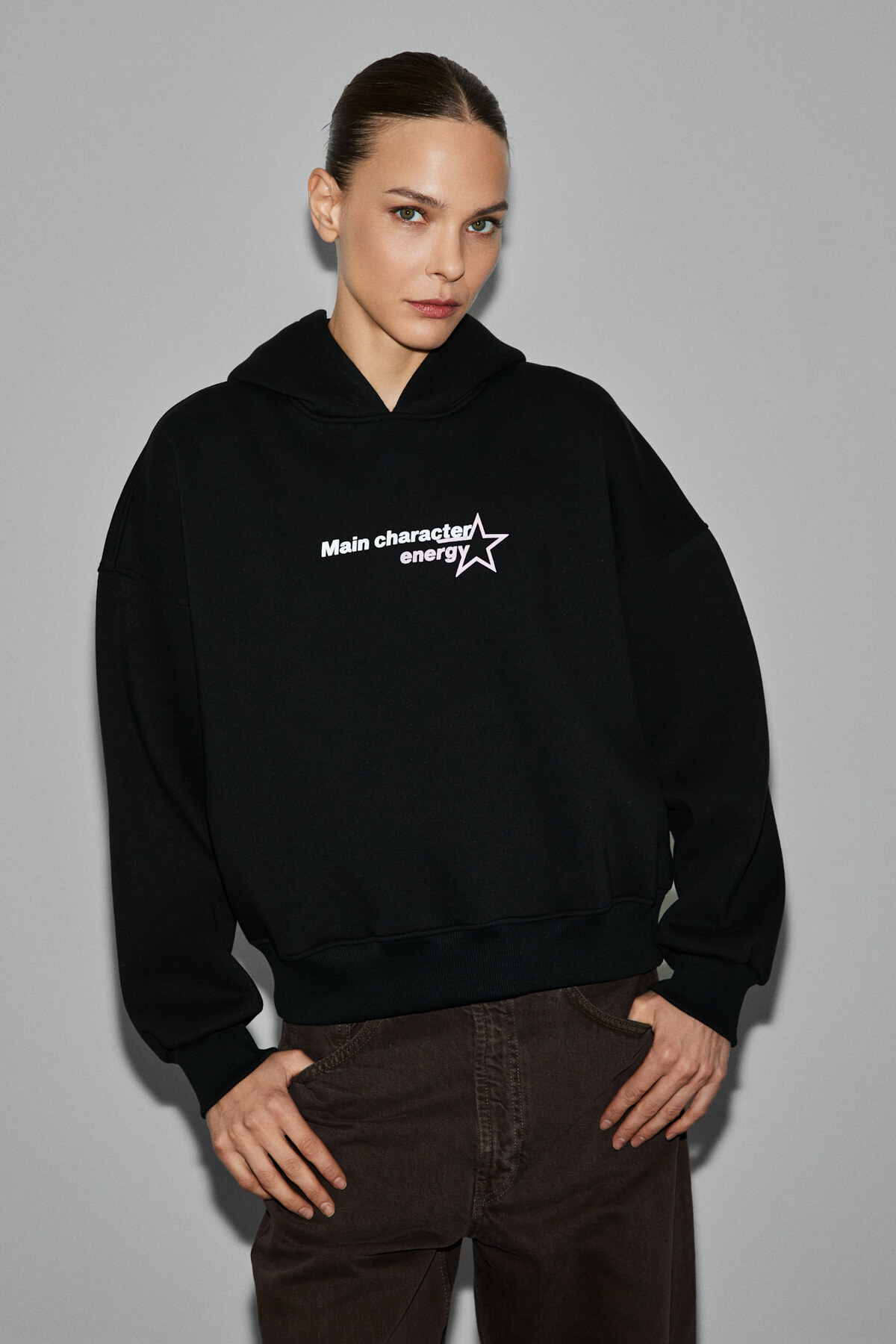 GRIMELANGE TERALY Kadın Organik Pamuklu Polarlı Kumaşlı Baskı Detaylı Siyah Sweatshirt görsel 4