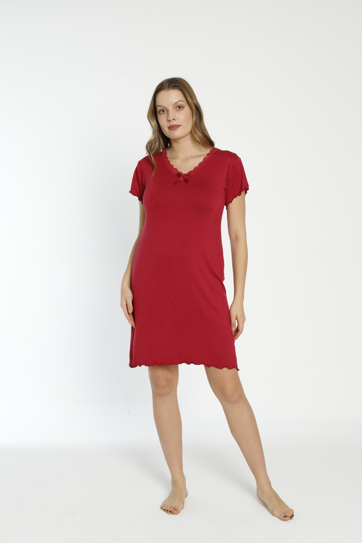 ERDENİZ TEKSTİL Kadın Dantel Detaylı Kısa Kollu Gecelik - Pamuklu Esnek Penye Uyku Elbisesi / Büyük Bedenli