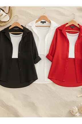 blackbonds 3 lü siyah beyaz kırmızı Oversize Keten Dokulu %100 Pamuk Tek Cepl...