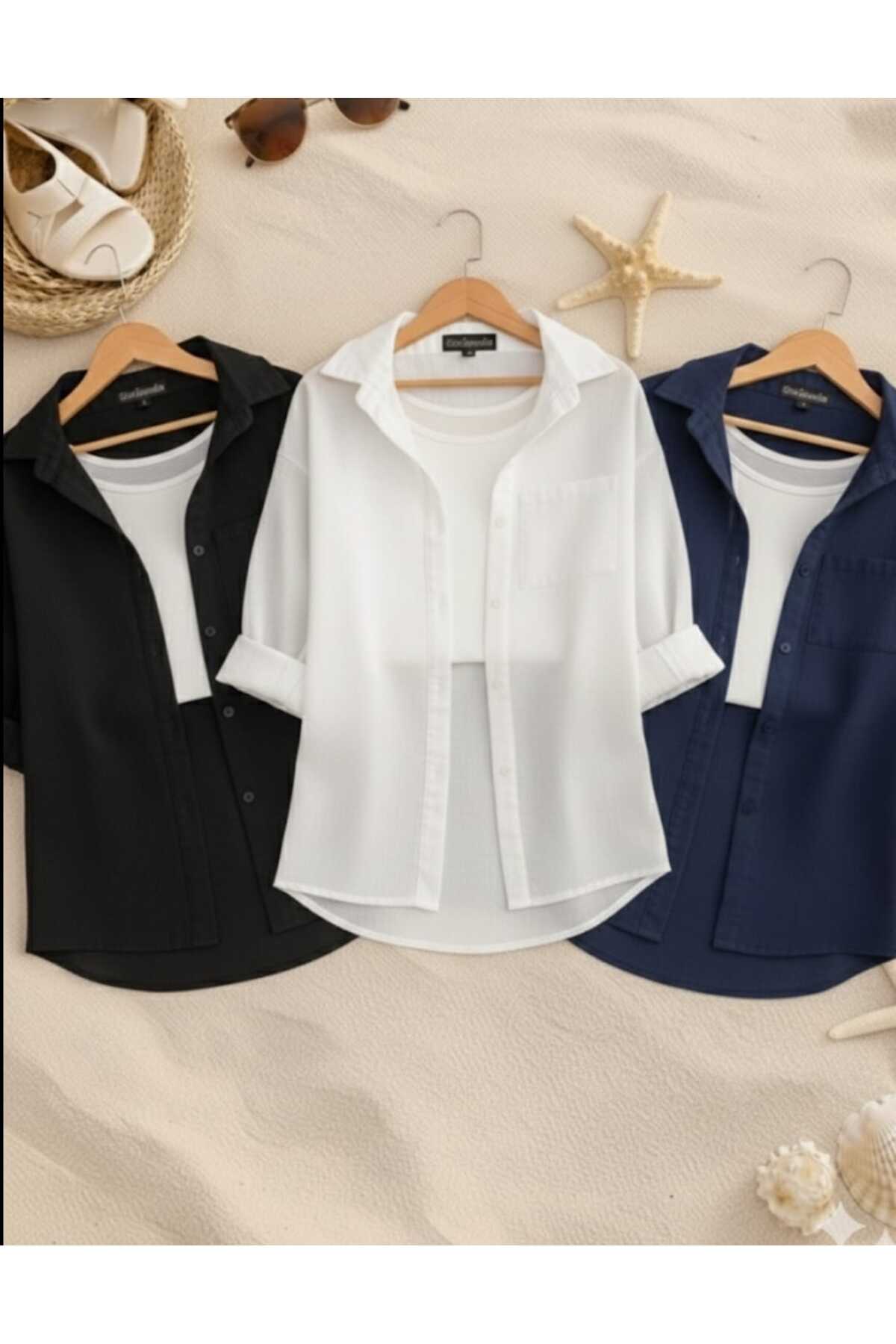 blackbonds 3 lü siyah beyaz lacivert Oversize Keten Dokulu %100 Pamuk Tek Cepli Salaş Gömlek