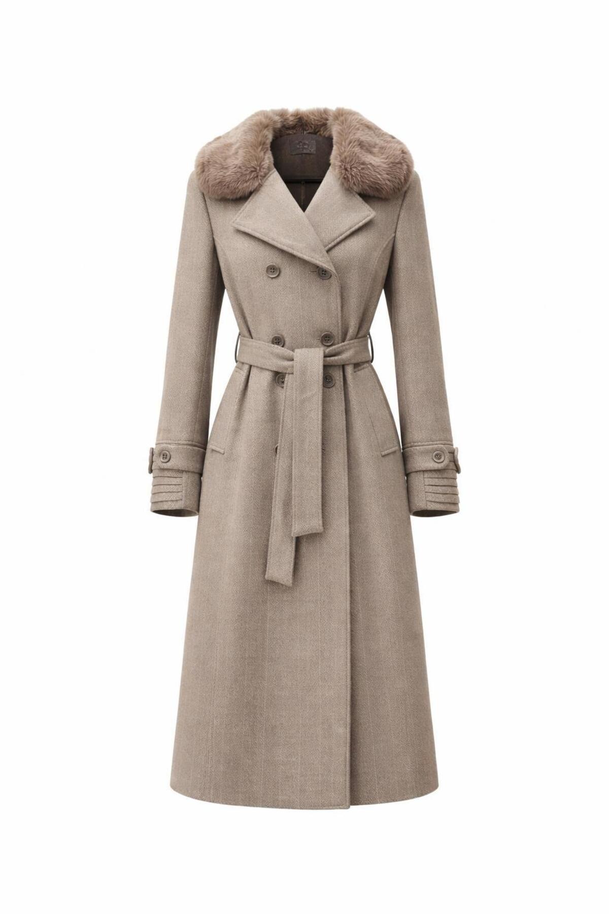 ESİN GİYİM  Kürk Yakalı Kruvaze Kaşe Ara Boy Kaban - Old Money Tarz