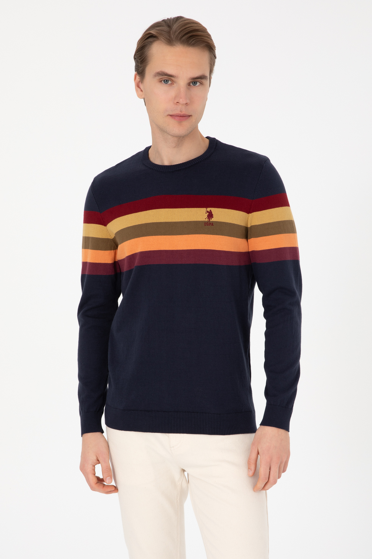 یو اس پولو پلیور مردانه یقه گرد معمولی فیت سرمه ای 50314966-VR033