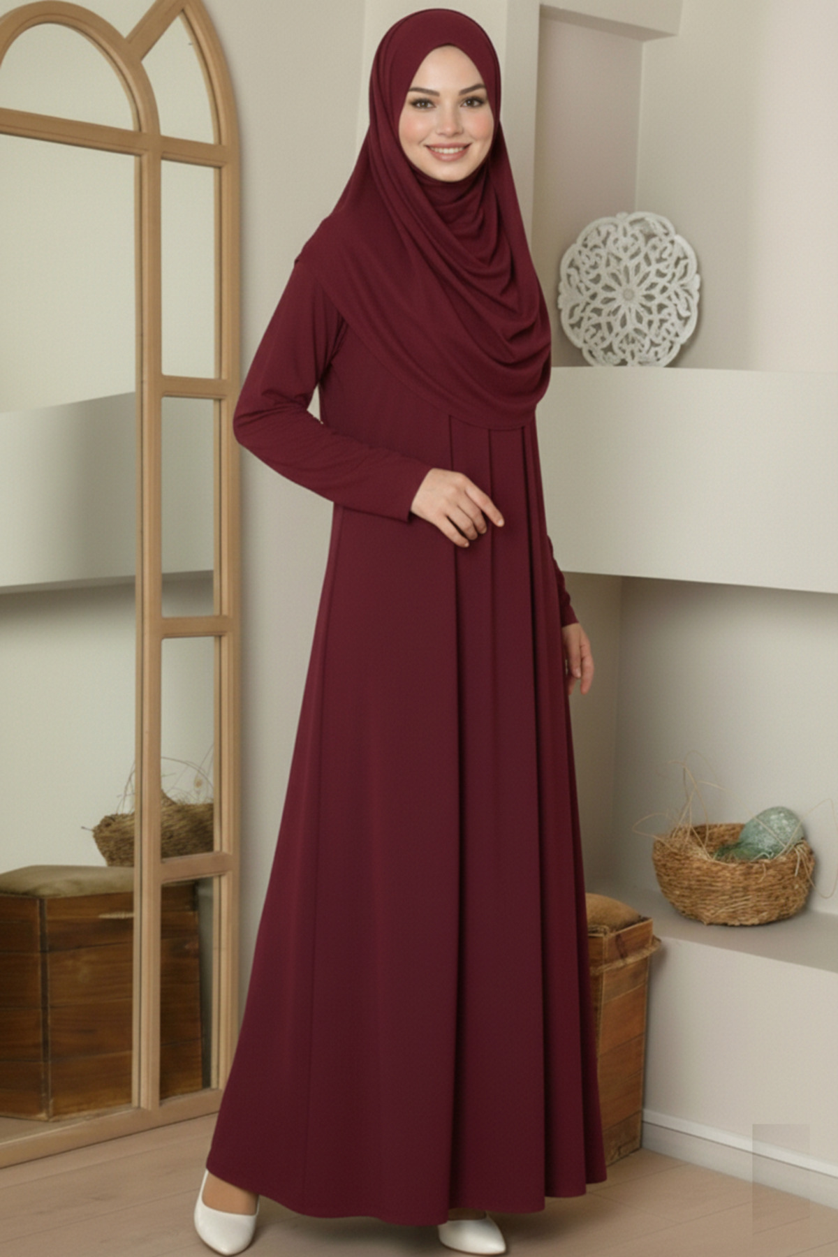 unika boutique Tek Parça Boydan Namaz Elbisesi Bordo görsel 2