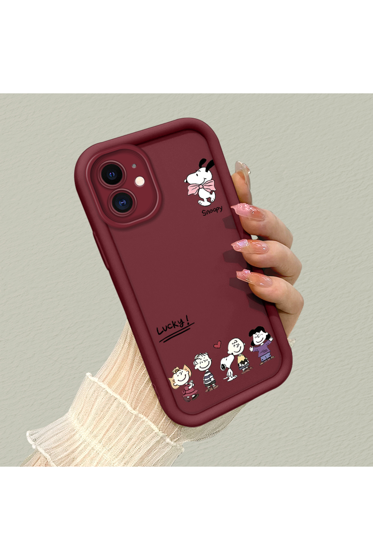 iPhone 12 Compatible Impact Protection Lens Protection Claret Red Silicone Case Cute Snoopy Pattern
