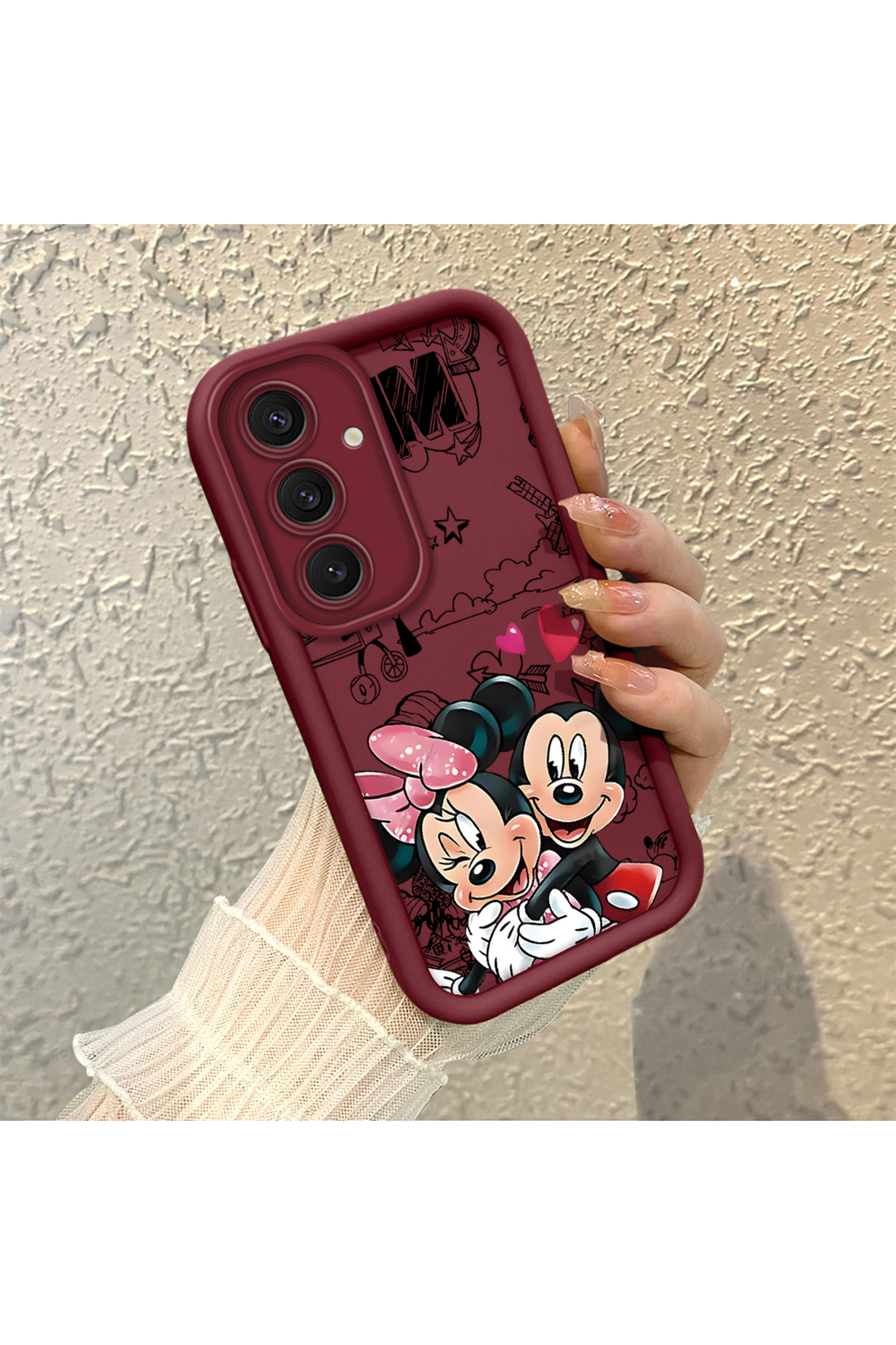 Samsung Galaxy S24 Plus Compatible Impact Protection Lens Protection Claret Red Silicone Case Mickey Mouse Pattern