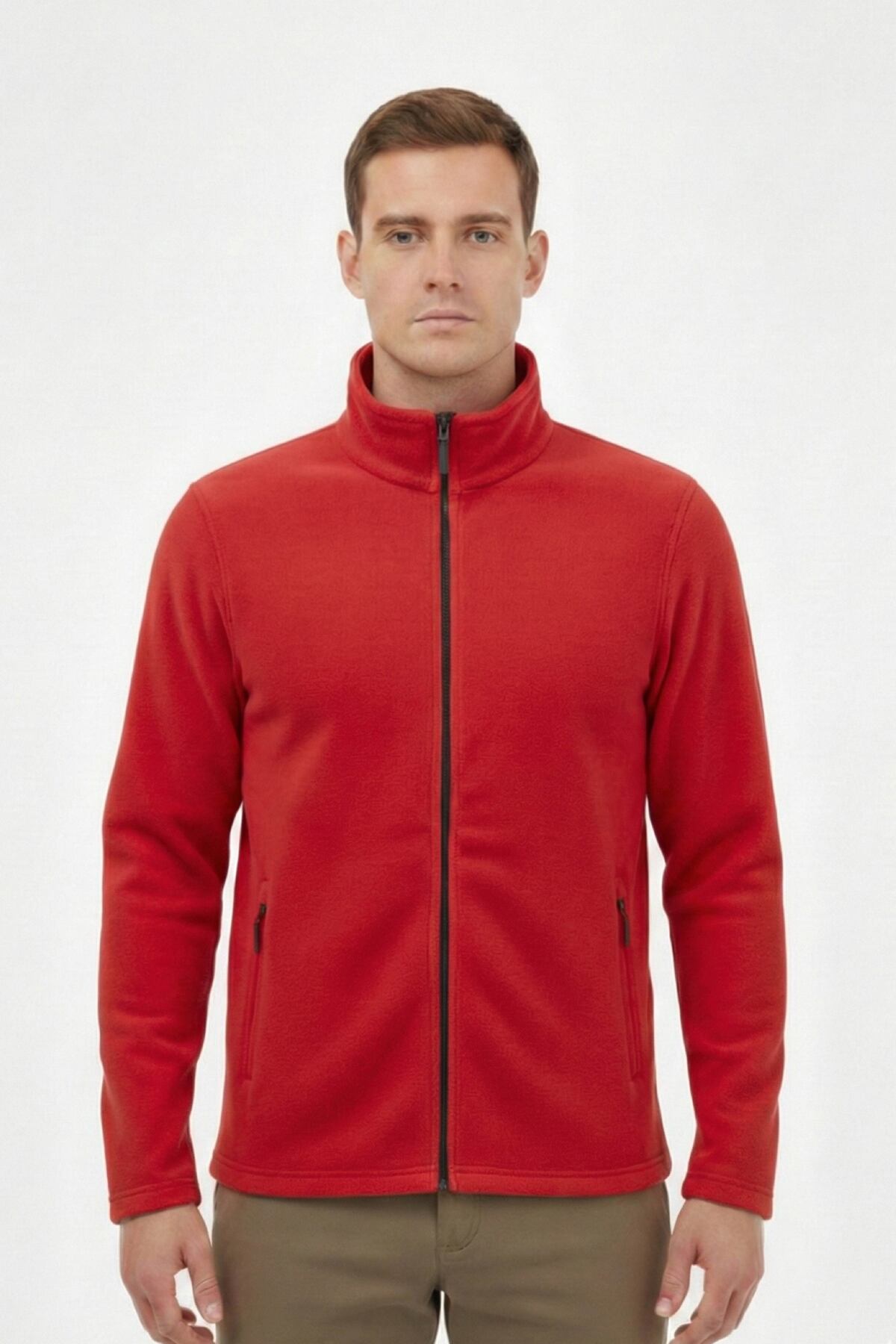ACR Giyim Kırmızı Bato Yaka Tam Fermuarlı ve Cepli Outdoor Polar Ceket görsel 4