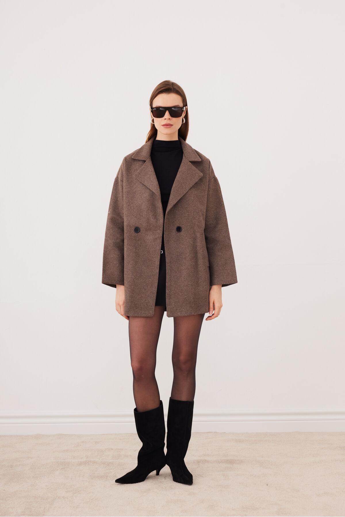 SevdeUgur  Kadın Vizon Oversize Astarlı Kaşe Kaban / Sevde Ugur - Görsel 6