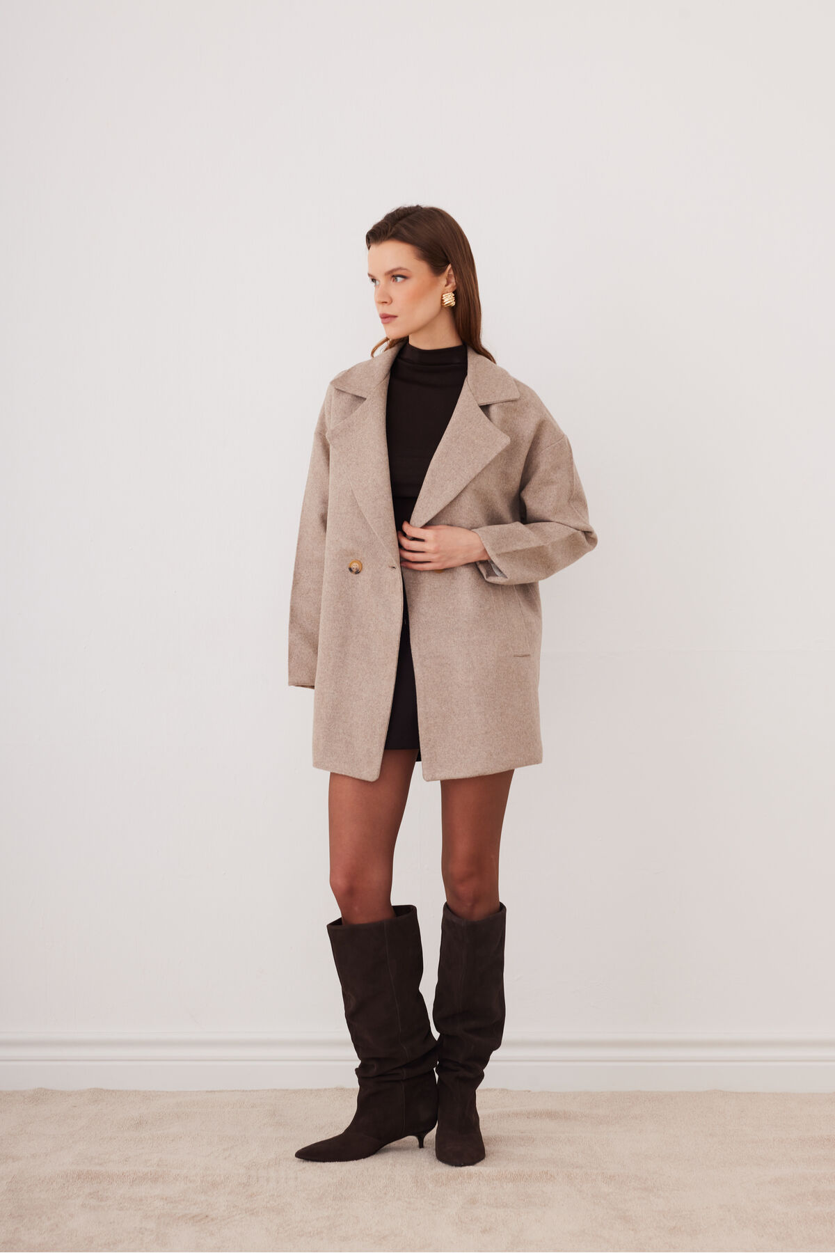 SevdeUgur  Kadın Soğuk Kahve Mocha Oversize Astarlı Kaşe Kaban - Sevde Ugur - Görsel 8