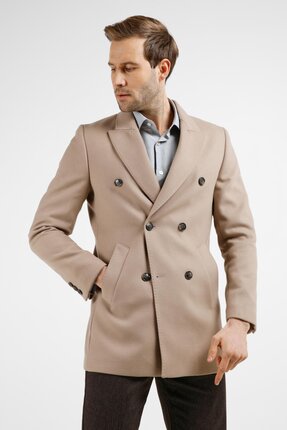 İmza Taş Rengi Kılıç Yaka Classic Slim Fit Kruvaze Kaban 1008255102