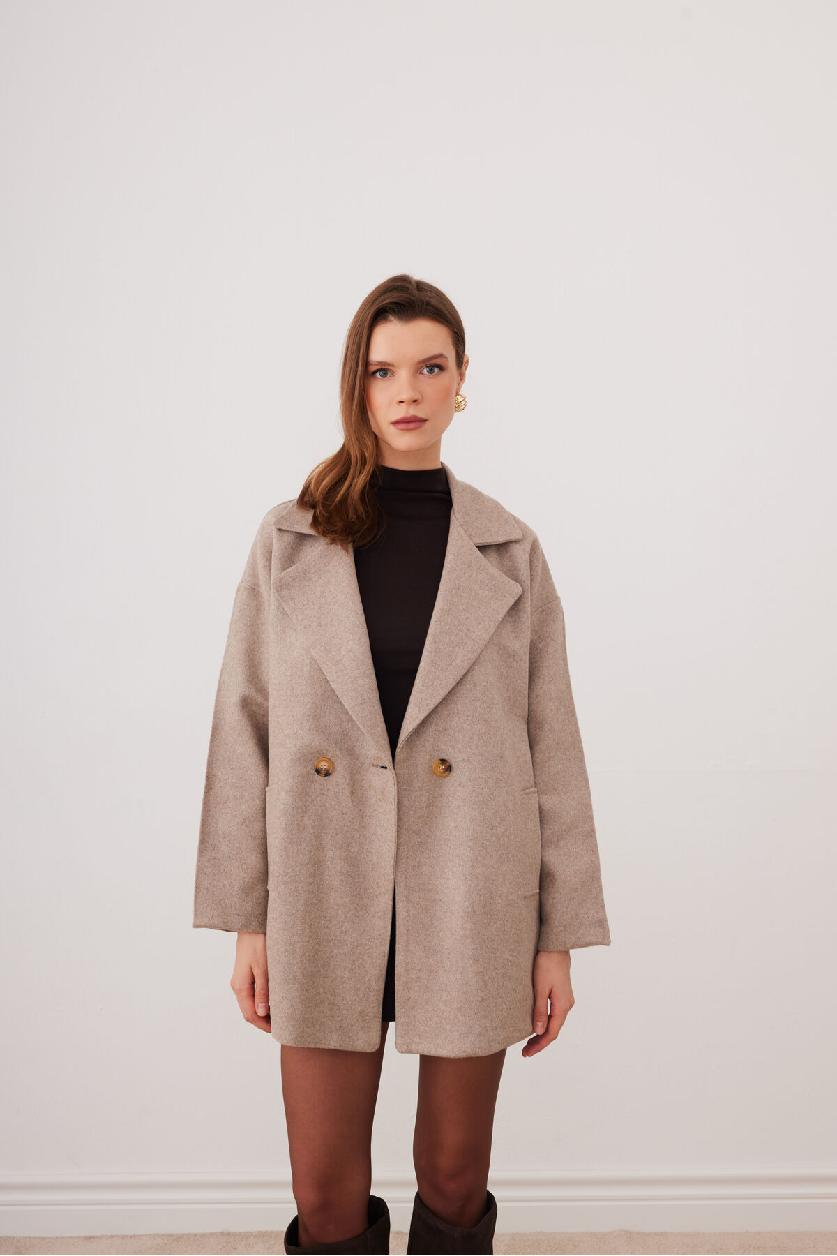 SevdeUgur  Kadın Soğuk Kahve Mocha Oversize Astarlı Kaşe Kaban - Sevde Ugur - Görsel 9