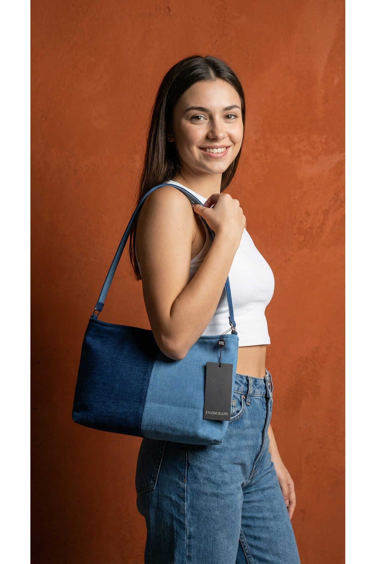 ENZİM JEANS  Kadın Kot Omuz Çantası Denim Kumaş Askılı Çanta - Görsel 8