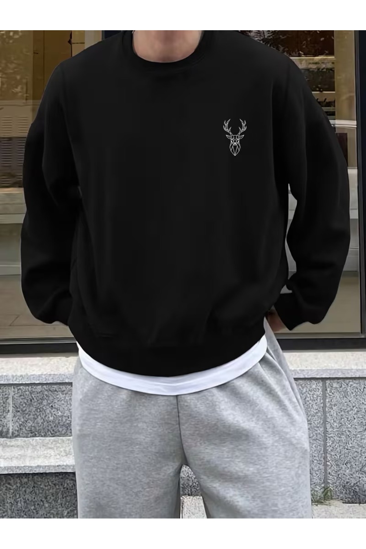 JENOLAN Men's Minimal Deer Print Black/Grey Oversize Sweatshirt