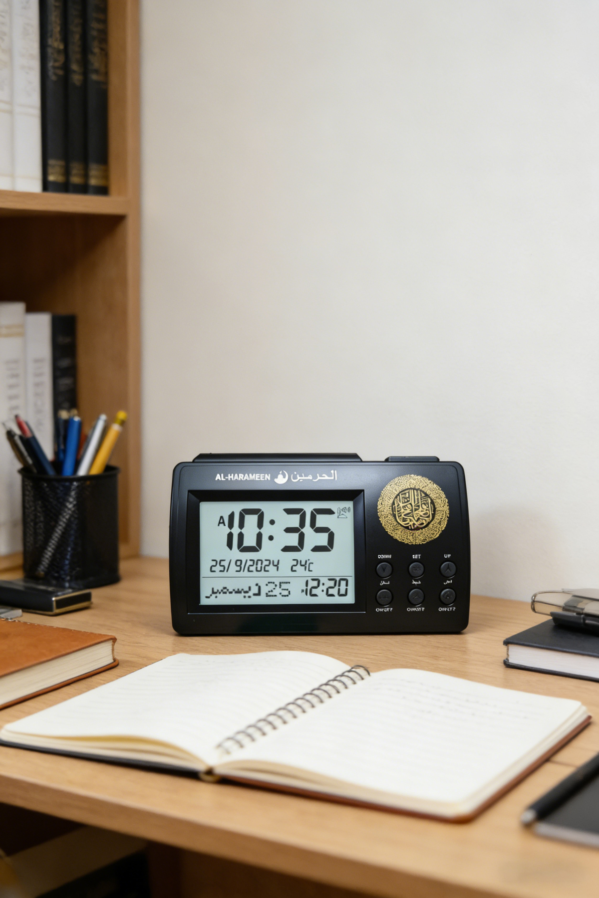 ساعة طاولة رقمية، توفر أذانًا كاملاً لجميع الصلوات...