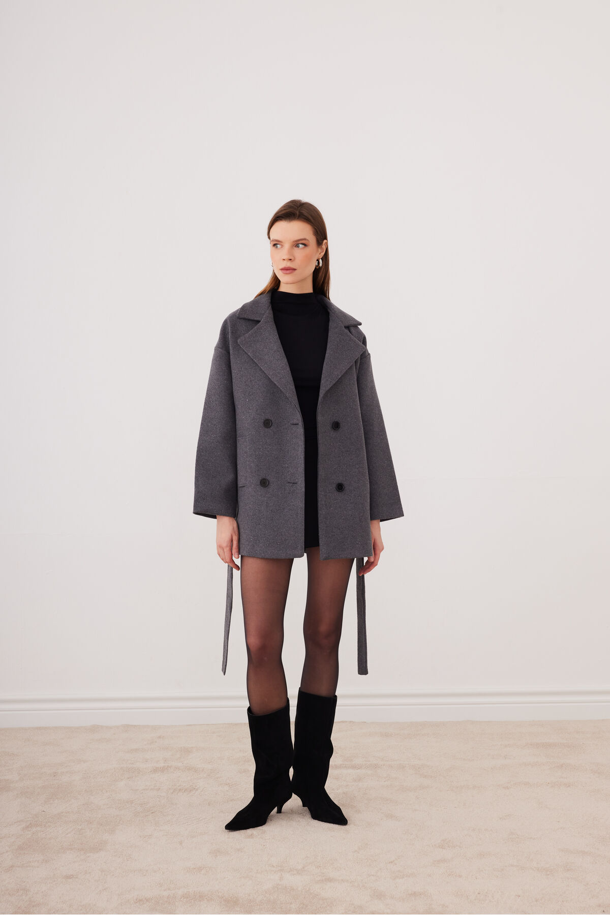 SevdeUgur  Kadın Antrasit Oversize Kısa Kaşe Kaban Kemerli Astarlı - Sevde Ugur - Görsel 6