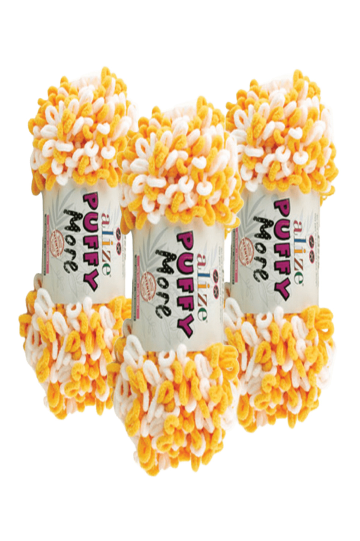 Puffy More Hand Knitting Yarn 3 Pieces – 6560 Yellow/White – 150 Gr. 11.5 Mt. – Blanket, Scarf, Vest
