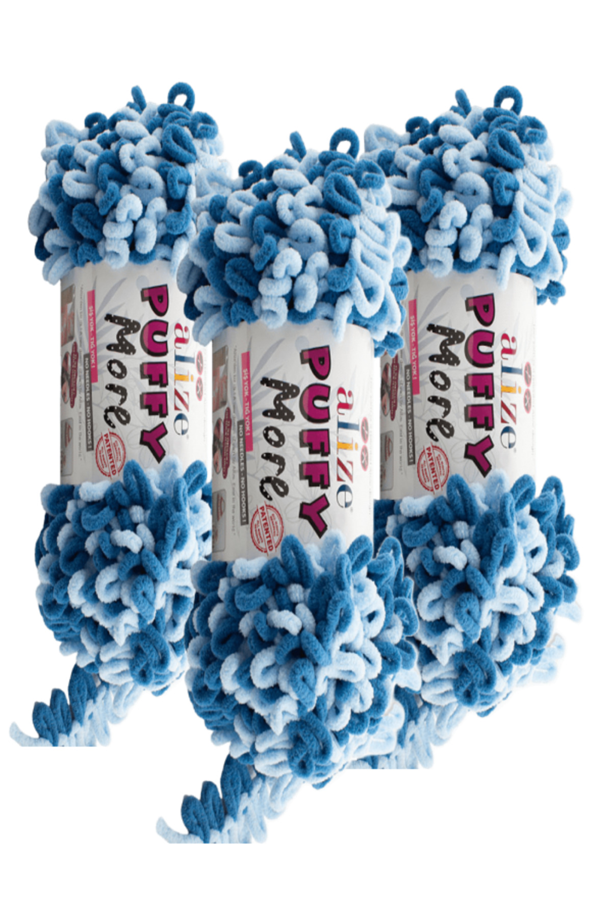 Puffy More Hand Knitting Yarn 3 Pieces – 6555 Ice Blue/Blue– 150 Gr. 11.5 Mt. – Blanket, Scarf, Vest