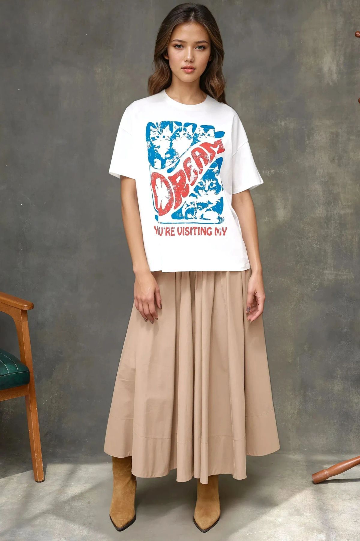 Hiccup Kadın %100 Pamuk Bisiklet Yaka Oversize Beyaz Baskılı T-Shirt görsel 6