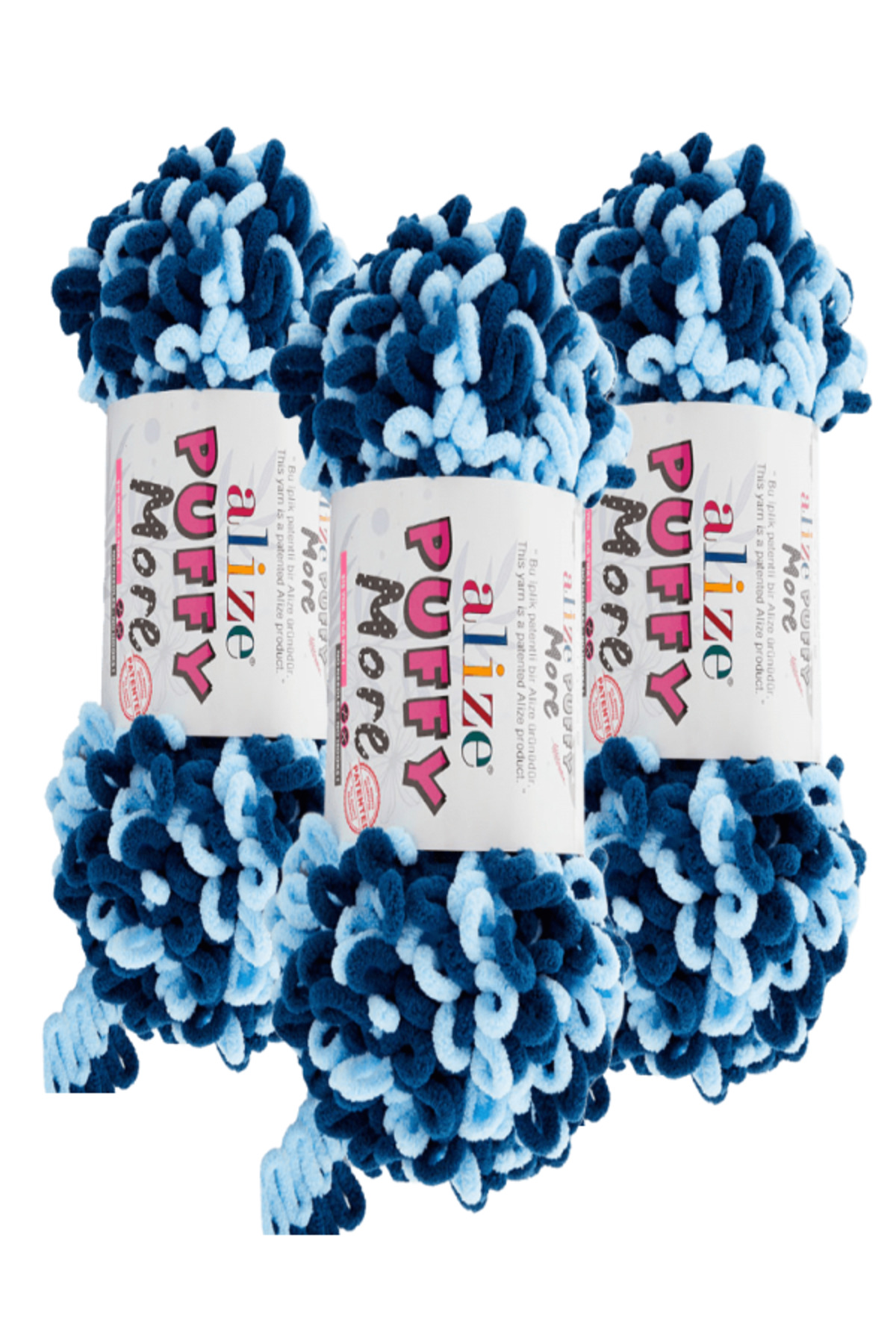 Puffy More Hand Knitting Yarn 3 Pieces – 6573 Navy Blue/Ice Blue –150 Gr. 11.5 Mt. – Blanket, Scarf, Vest