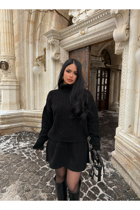 kırmızı butiks Siyah Etekli Örgü Triko Takım