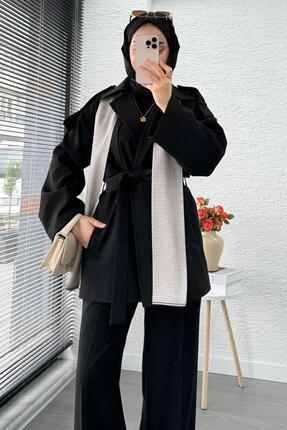 Gülsoy YENİ SEZON Premium Fular Detaylı Kadın Kısa Trençkot – Siyah