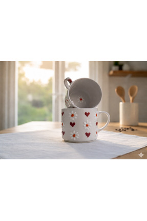 Ekin Concept Kupa Bardak, El Yapımı Seramik Kupa, Kalpli Papatyalı Kupa, Kalp...